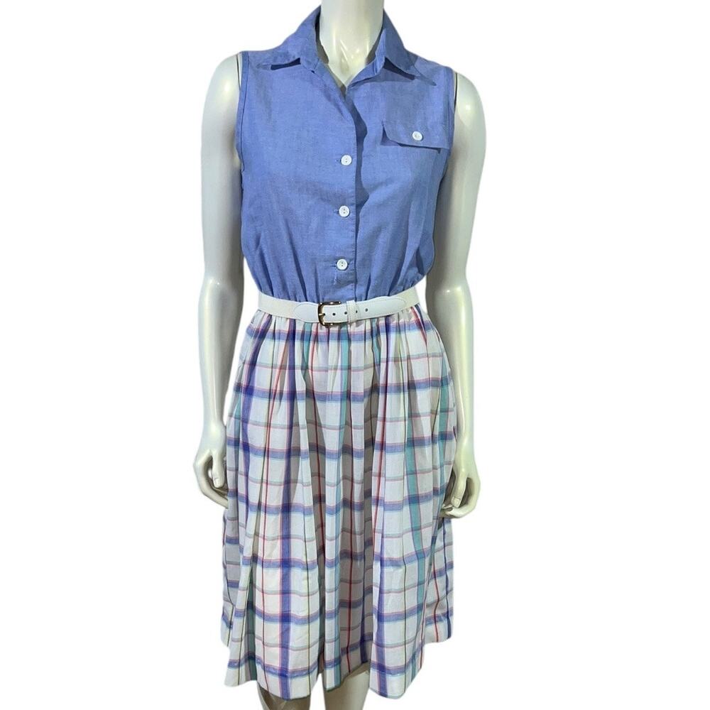 Vintage Paul Alfred USA Made Sleeveless Chambray & Plaid Shirt Dress Size 12